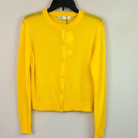 Zara Womens Alpaca/Wool Blend Yellow Button Up Long Sleeve Knit Cardigan Sz L - Picture 3 of 14